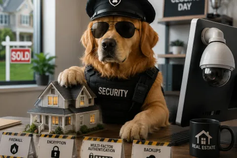 Golden retriever dressed as security guard protecting a model house with cybersecurity signs in a real estate office