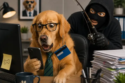 Golden retriever wearing glasses and tie looks shocked at phone with credit card phishing hook nearby and masked thief behind