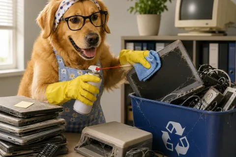 Golden retriever dog wearing gloves and glasses cleaning old electronics with spray and cloth by recycling bin indoors.