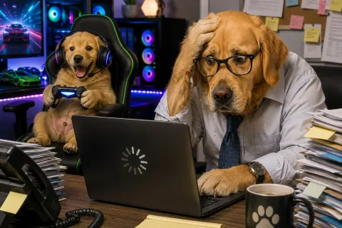 Golden retriever in office attire frustrated at laptop while puppy plays video games in colorful gaming setup.