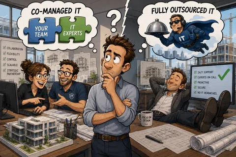 Illustration contrasting co-managed IT with teamwork and fully outsourced IT with relaxed support benefits.