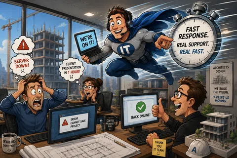 Comic scene of stressed office workers saved by a superhero IT technician offering fast support to fix server issues.