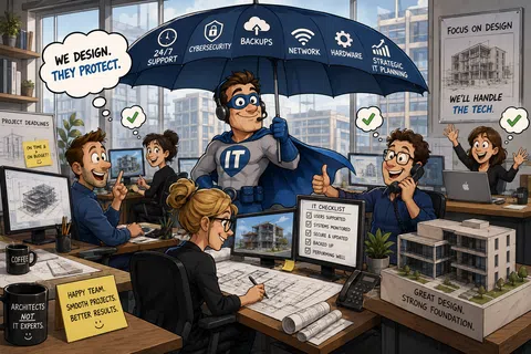 IT superhero protecting architects with cybersecurity, backups, network, and strategic IT under an umbrella in a busy office.