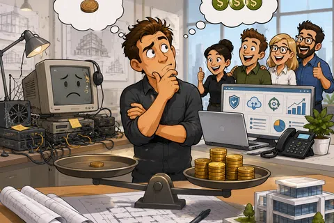 Man weighing few coins against many coins while team celebrates financial growth in office setting.