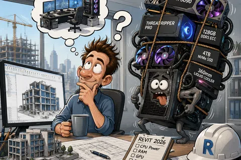 Cartoon architect at desk considers high-end PC specs with RTX 5090 GPU and Threadripper for Revit 2026 performance.