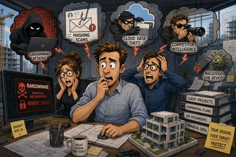 Three stressed office workers face cybersecurity threats like ransomware, phishing, data theft, and malicious USB devices.