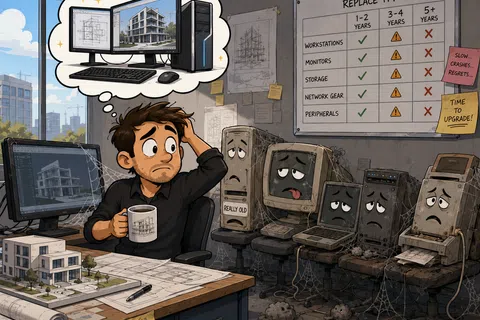 Stressed architect with outdated, sad computers imagines modern workstation upgrades with new building designs.