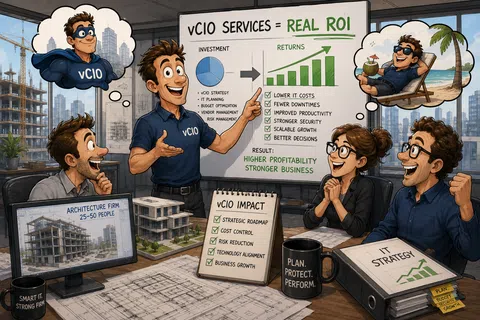 Business team discussing vCIO services and IT strategy to achieve real ROI and stronger business growth.