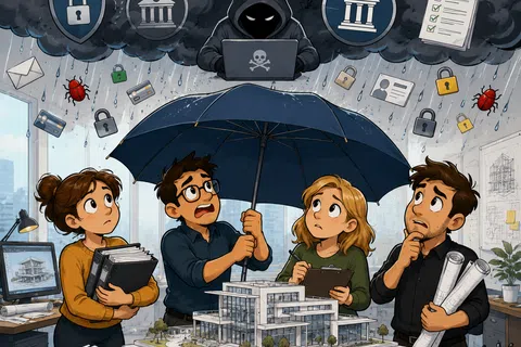 Architects shielding a modern building model from cyber threats under a large umbrella held by a worried man.