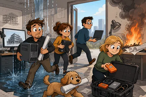 Engineers and dog escaping office with water leak and fire, saving laptops, blueprints, and equipment quickly.