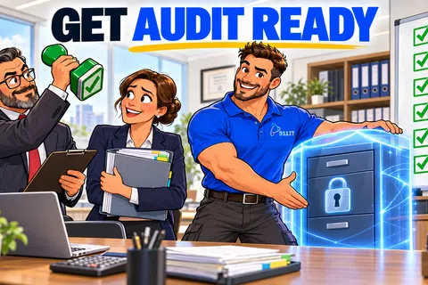 Business team preparing for audit with checklist, secure filing cabinet, and positive office collaboration.