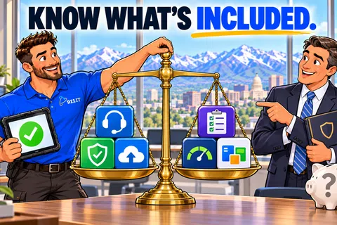 Two men balance icons representing services on a scale with city and mountain view, text says Know What's Included.