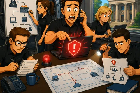 Team urgently addressing a cybersecurity breach with laptops, diagrams, and emergency alerts in a bank setting.