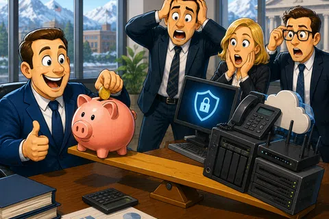 Businessman happily saving money in a piggy bank while others worry about cybersecurity and data protection devices.