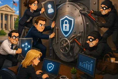 Team of professionals defending a secure vault door against masked hackers attempting a break-in with tools.