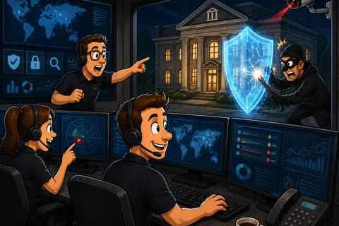 Cybersecurity team detects and blocks a hacker trying to break into a secure government building using advanced monitoring tools.