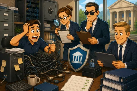Four professionals in an office analyze tangled cables, cybersecurity shield, and secure data with files and checklists.