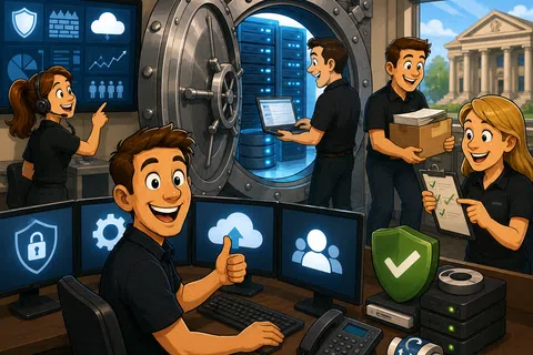 Team working in a secure data center with vault, servers, and cybersecurity monitoring on screens.