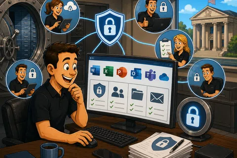 Tech team managing secure Microsoft Office 365 apps with locks, checks, and collaboration in a bank vault office setting.