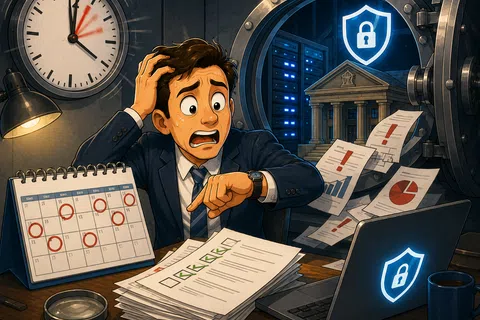 Stressed businessman checks watch as deadline nears with financial documents and data security visuals.