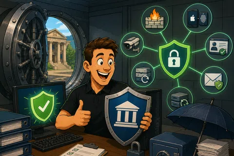 Smiling man in a secure vault holding a shield with bank icon, surrounded by security and privacy symbols and files.