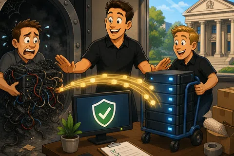 Three men replacing old tangled servers with new ones, showing data transfer and computer security on screen