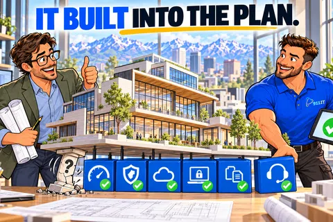 Two architects review a modern office building model with security and cloud services icons and the text It Built Into The Plan.