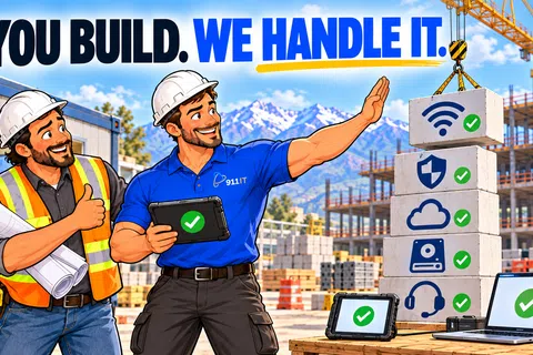 Two construction workers with helmets and tablets at a building site with concrete blocks showing IT service icons.