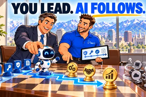 Two men play chess with AI-themed pieces illustrating leadership and technology partnership.