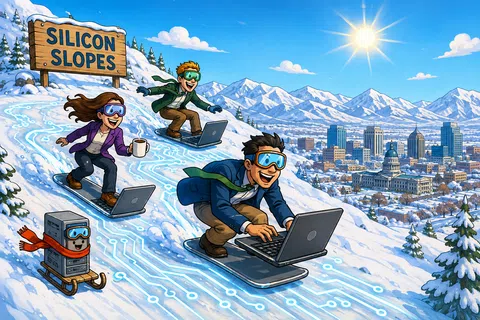 Three people snowboarding on laptops down snowy Silicon Slopes toward a city under a sunny sky.