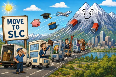 Smiling mountain with magnets attracting people and objects toward Salt Lake City skyline under a sunny sky.