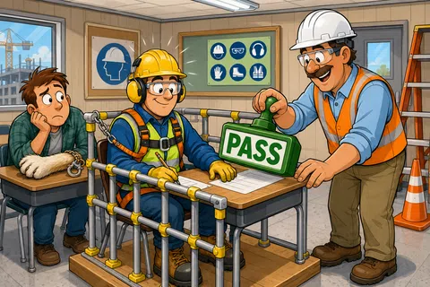 Construction worker in safety gear passes a safety test while another worker looks worried and chained to his desk.