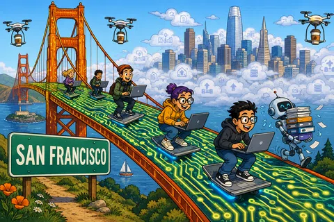 People and robot with laptops hoverboard over Golden Gate Bridge with tech-themed pathway toward San Francisco skyline.