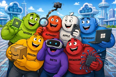 Cartoon characters representing major tech companies smiling, holding gadgets and devices in a futuristic cityscape.