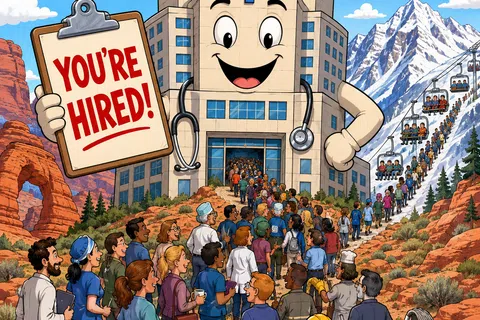 Cartoon hospital building with smiling face hires diverse workers in Utah's mountainous desert landscape.
