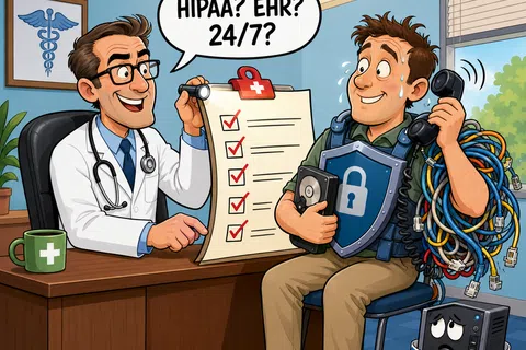 Doctor interviewing an IT professional holding security gear and cables during an MSP interview about HIPAA and EHR compliance.