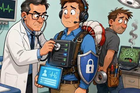 Doctor checks digital system vitals on a nervous man with security shield, while technician repairs a smoking laptop.