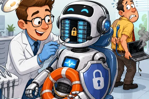 Dentist examining a smiling robot with secure data server and shield, while a stressed man holds a broken laptop.