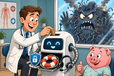 Doctor inserting coins into a smiling robot offering IT support as a pig patient gives thumbs up near a window with angry server monster.