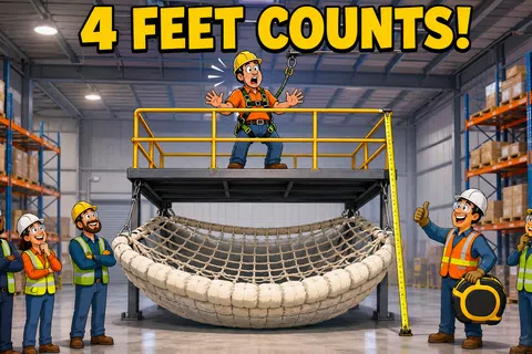 Cartoon warehouse workers demonstrate fall safety with a four-foot safety net under a worker on platform.