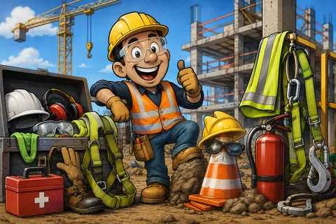 Smiling construction worker in safety gear giving thumbs up at an active building site with tools and equipment.