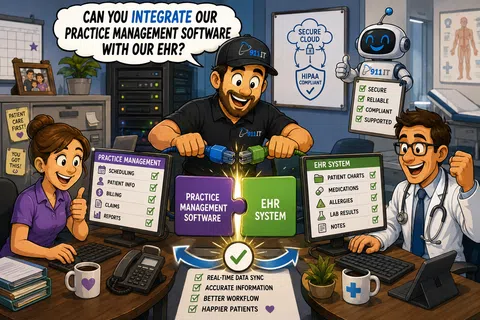 Cartoon showing integration of practice management software with EHR system for secure, HIPAA-compliant healthcare data syncing.