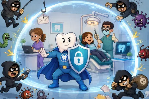 Tooth superhero with shield protecting a dental office from hackers and viruses while a dentist treats a happy child.