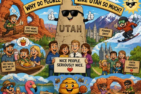 Cartoon collage showcasing Utah's beauty, outdoor activities, family, food, and the Utah Jazz with fun, friendly characters.