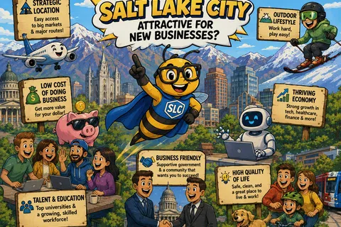 Illustration highlighting Salt Lake City's advantages for new businesses including location, economy, lifestyle, and education.