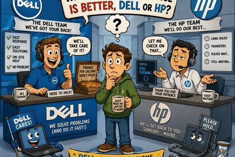 Cartoon comparing Dell's fast, helpful customer service with HP's slow, frustrating support in a customer service showdown.