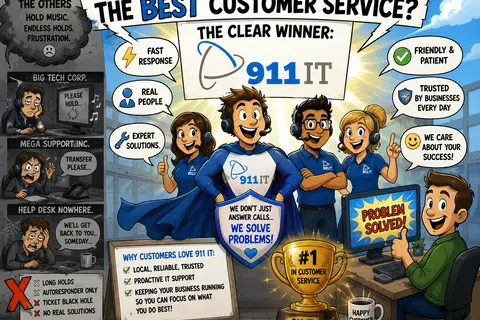 Cartoon showing 911 IT as the best customer service with happy staff, problem solved screen, and a customer giving thumbs up.