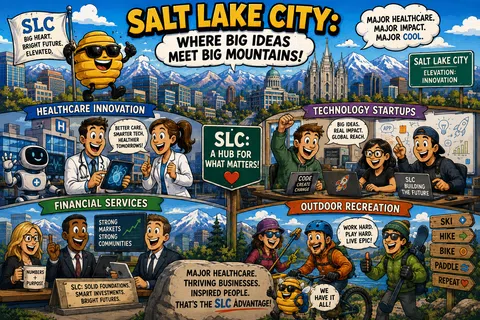 Colorful illustration showcasing Salt Lake City as a hub for healthcare, tech startups, finance, and outdoor recreation.