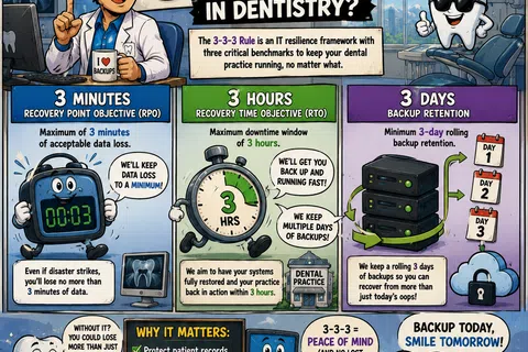 Infographic explaining the 3-3-3 rule in dentistry for IT resilience with recovery and backup guidelines.