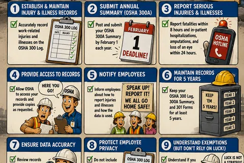 Colorful OSHA compliance checklist poster for construction with safety tips and cartoon characters illustrating data requirements.